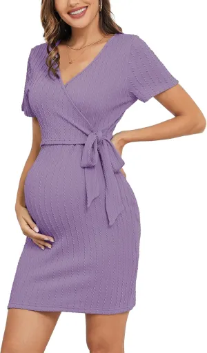 2024 Summer Rib Knit Maternity Nursing Dress Short Sleeve V-Neck Bodycon Wrap Pregnancy Dresses Baby Shower Causal