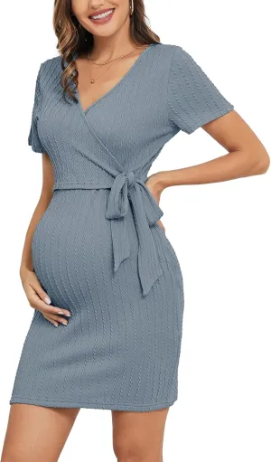 2024 Summer Rib Knit Maternity Nursing Dress Short Sleeve V-Neck Bodycon Wrap Pregnancy Dresses Baby Shower Causal