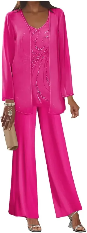 3 Piece Mother of The Bride Pant Suits Long Sleeve Chiffon Formal Wedding Guest Outfit Set with Jacket