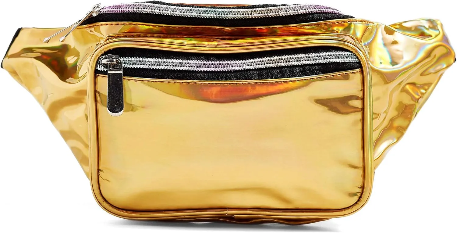 80s Holographic Rave Gold Fanny Pack For Festival Women Girls Cute Fashion Waist Bag Belt Bags (Gold)