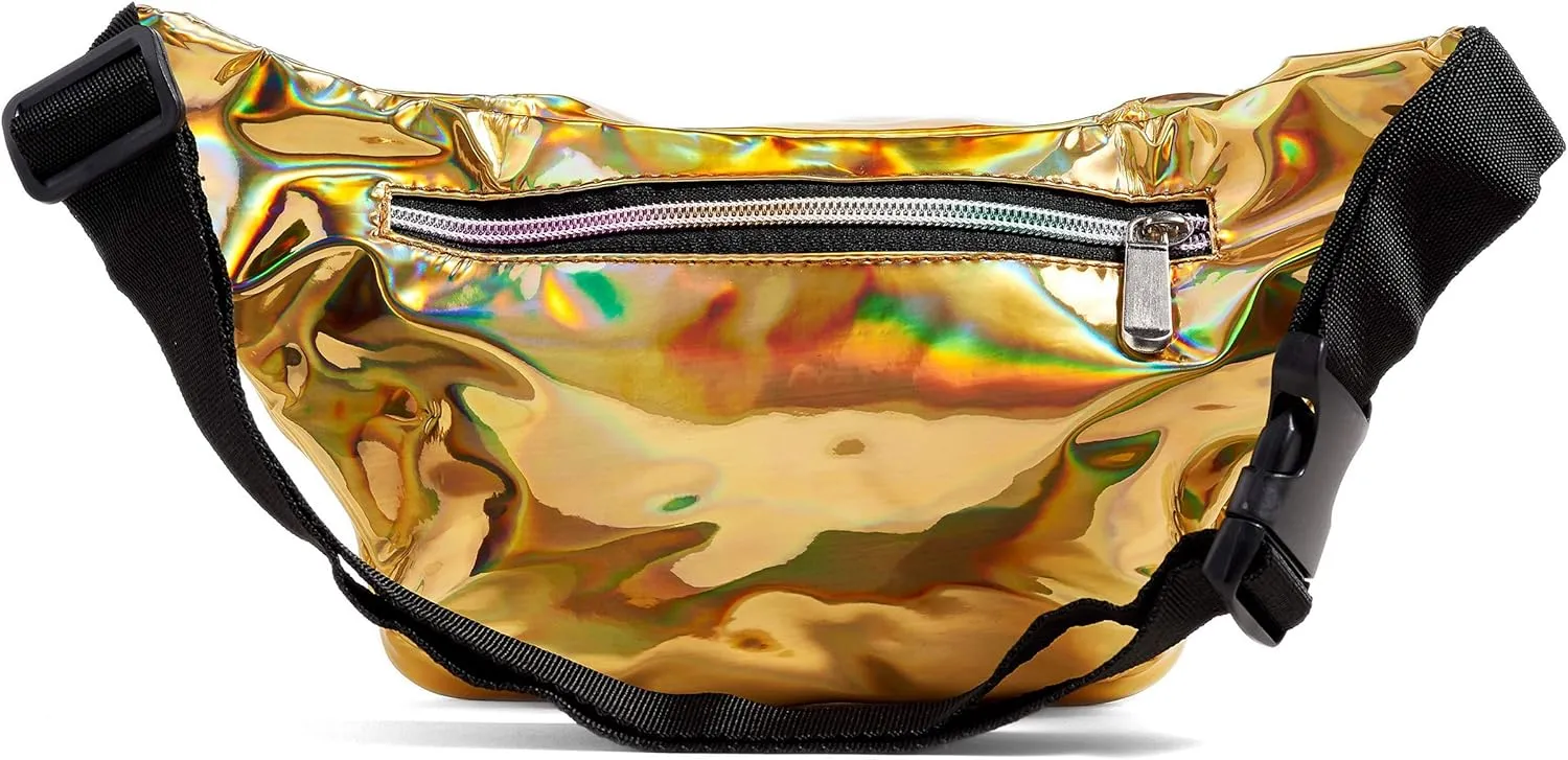 80s Holographic Rave Gold Fanny Pack For Festival Women Girls Cute Fashion Waist Bag Belt Bags (Gold)
