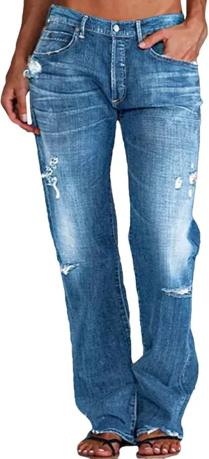 Akivide Loose Distressed Jean for Women Baggy Ripped Straight Leg Mid Waist Boyfriend Denim Pants