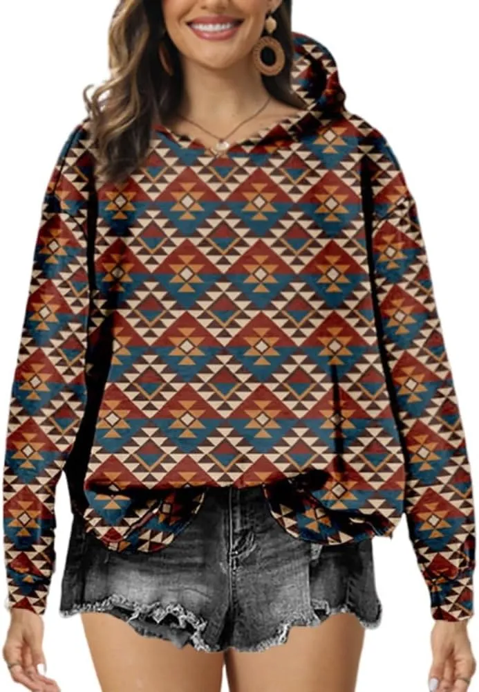 Akivide Women's Aztec Oversized Floral Print Hoodie Loose Casual Ethnic Western Long Sleeve Pullovers Hooded Sweatshirt Tops