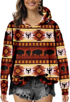 Akivide Women's Aztec Oversized Floral Print Hoodie Loose Casual Ethnic Western Long Sleeve Pullovers Hooded Sweatshirt Tops