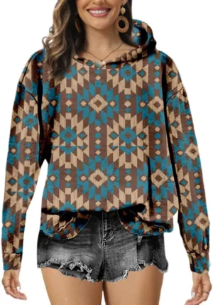 Akivide Women's Aztec Oversized Floral Print Hoodie Loose Casual Ethnic Western Long Sleeve Pullovers Hooded Sweatshirt Tops