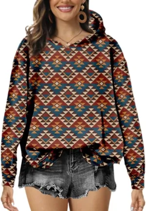 Akivide Women's Aztec Oversized Floral Print Hoodie Loose Casual Ethnic Western Long Sleeve Pullovers Hooded Sweatshirt Tops