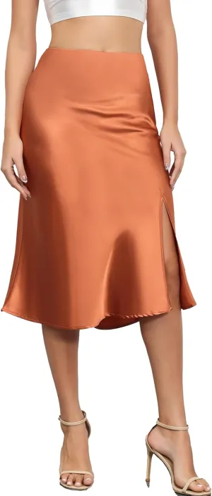 ALCEA ROSEA Womens Silky Satin Midi Skirt High Waist Elastic Waist A Line Skirt with Slit