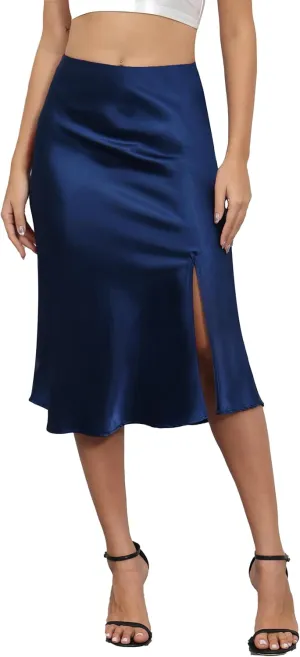 ALCEA ROSEA Womens Silky Satin Midi Skirt High Waist Elastic Waist A Line Skirt with Slit