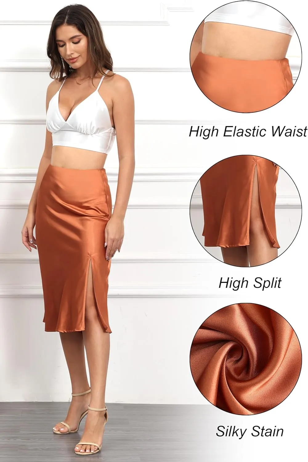 ALCEA ROSEA Womens Silky Satin Midi Skirt High Waist Elastic Waist A Line Skirt with Slit