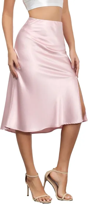ALCEA ROSEA Womens Silky Satin Midi Skirt High Waist Elastic Waist A Line Skirt with Slit