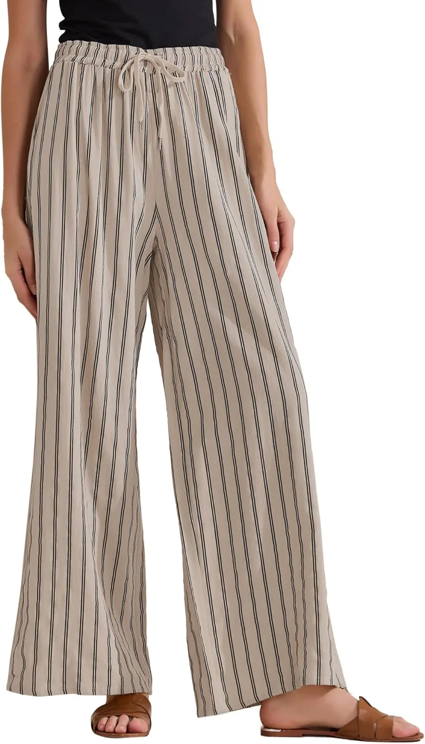 Allegra K Women's Casual Drawstring Stripe Pants Wide Leg High Waist Cotton Loose Pants