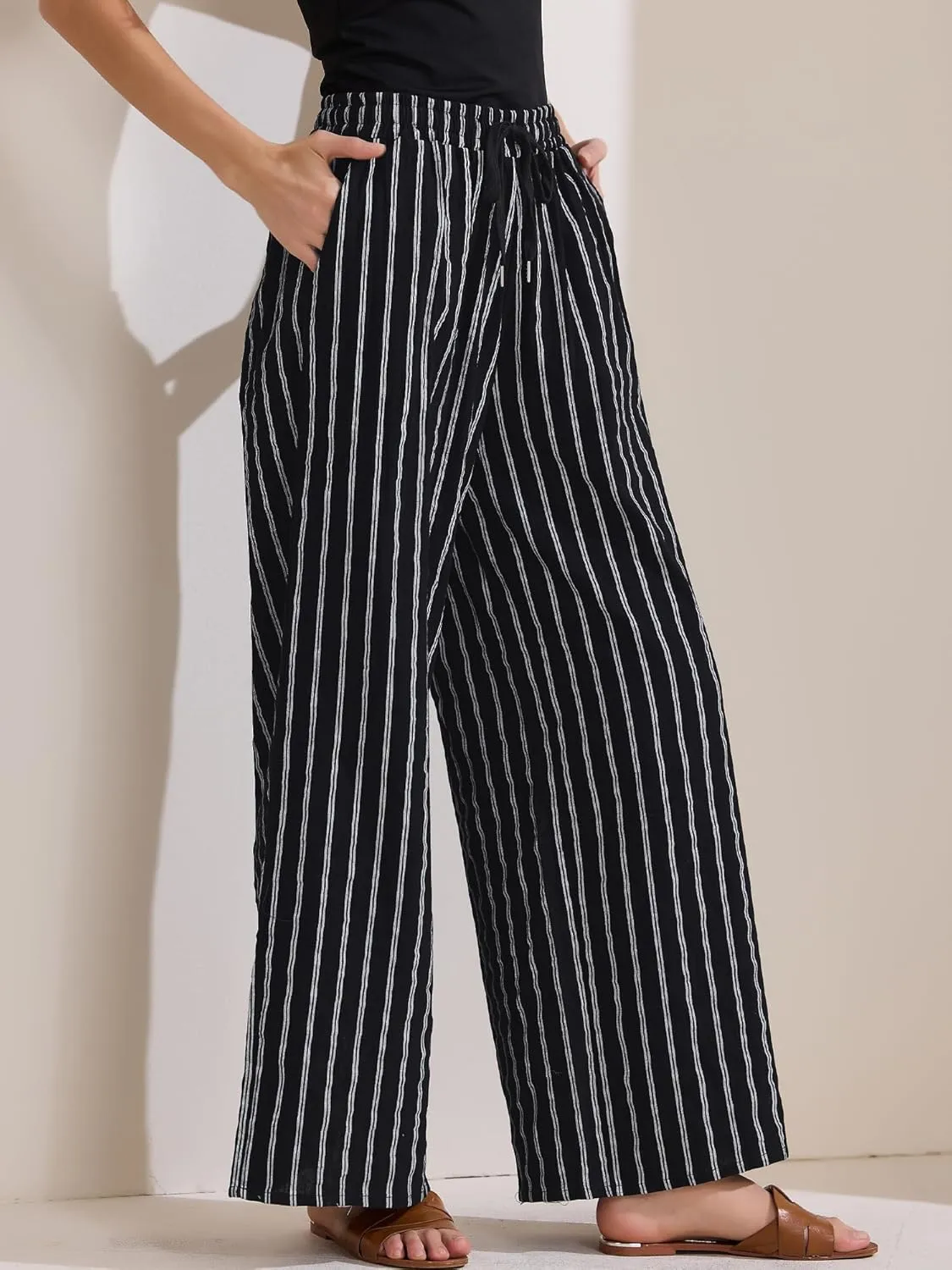 Allegra K Women's Casual Drawstring Stripe Pants Wide Leg High Waist Cotton Loose Pants