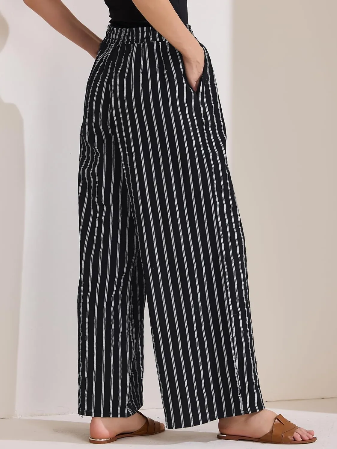 Allegra K Women's Casual Drawstring Stripe Pants Wide Leg High Waist Cotton Loose Pants