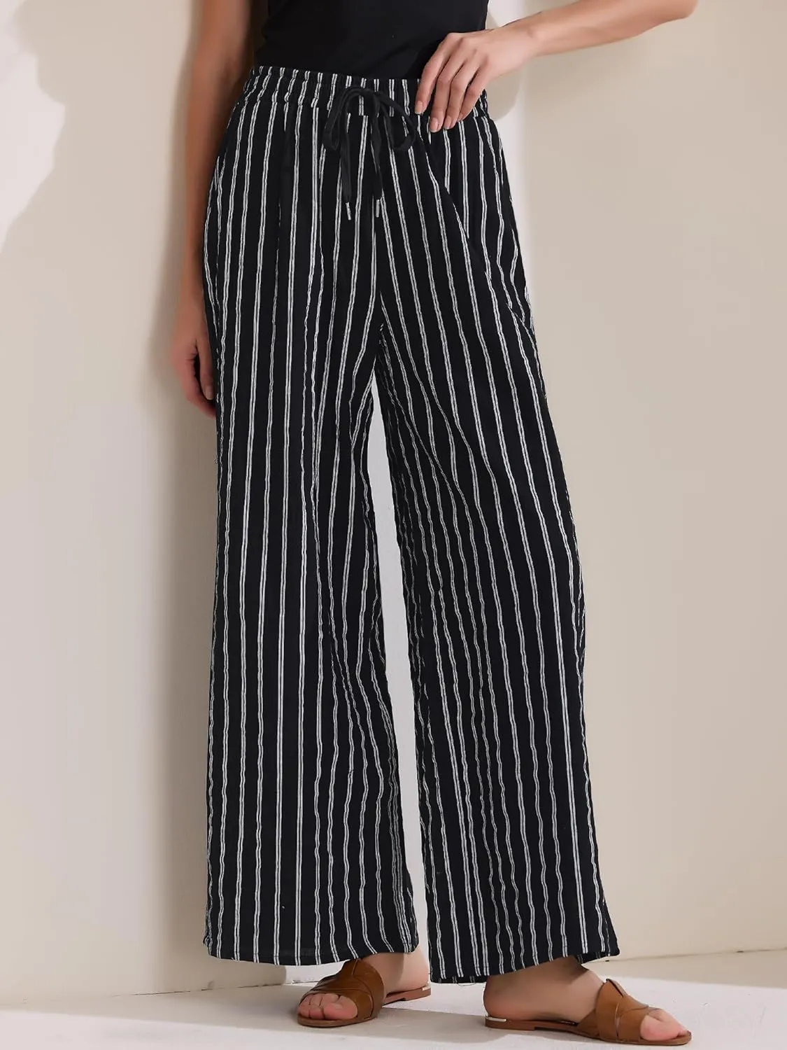 Allegra K Women's Casual Drawstring Stripe Pants Wide Leg High Waist Cotton Loose Pants