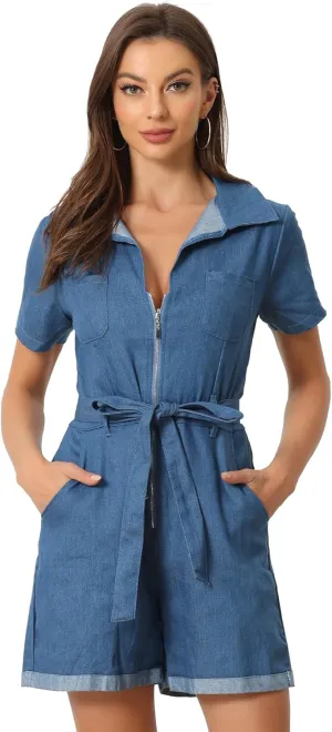 Allegra K Women's Chambray Romper Zip Up Tie Waist Casual Denim Jumpsuit with Pockets