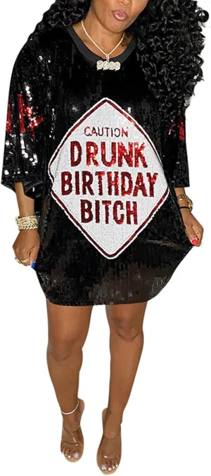 ALLUMK Women Sexy Glitter Sequin Shirts Dress Letter Graphic Print Half Sleeve Party Club Short Dress