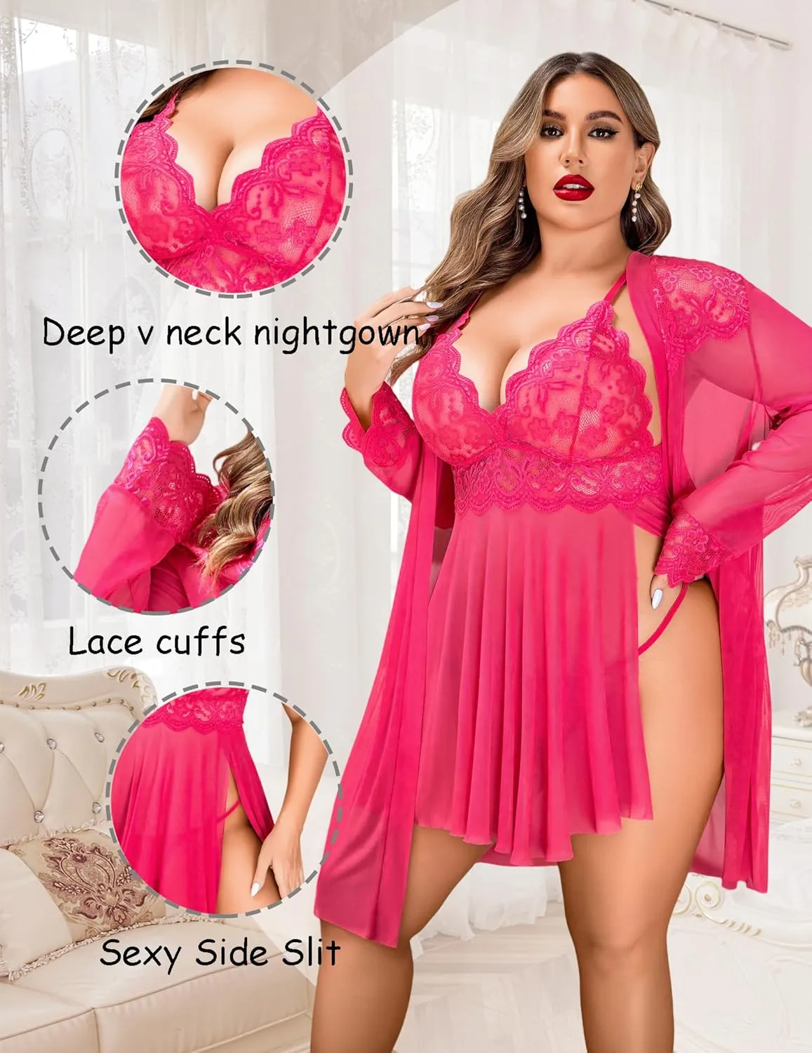 Avidlove Plus Size Lingerie Sexy Lingerie Set Women's Exotic Nightgowns Lace Chemise Lingerie Side Slit Nightdress