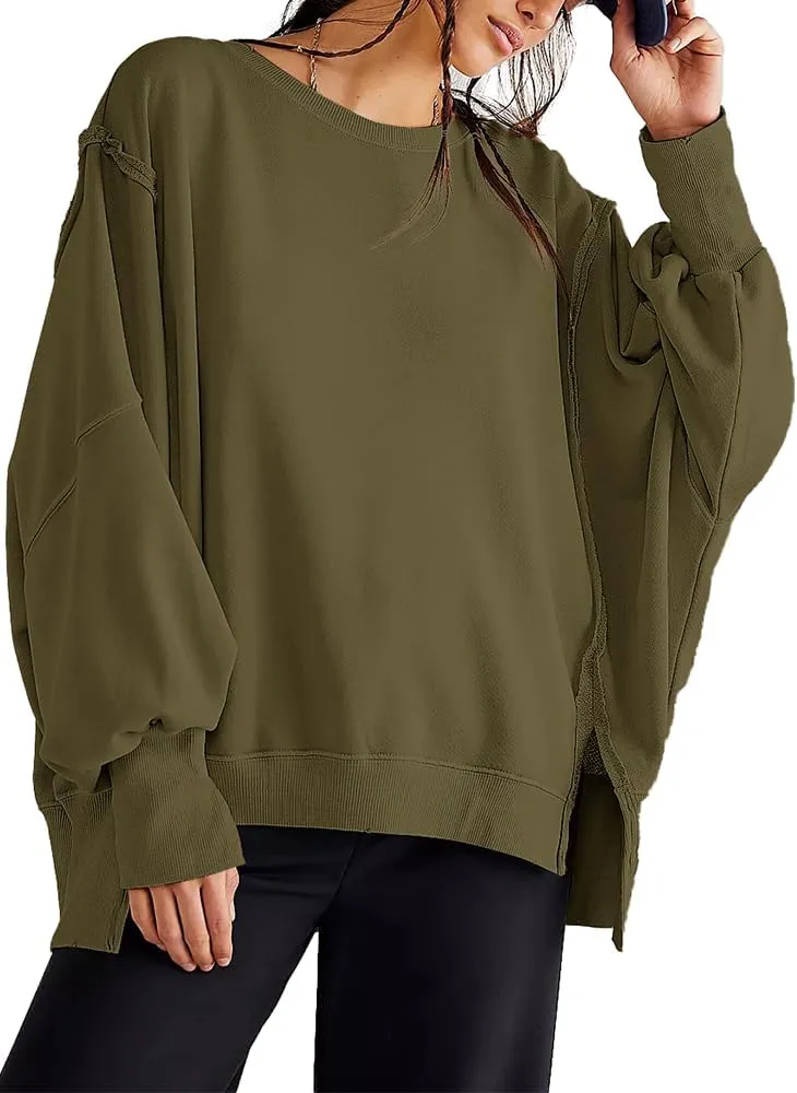 Beaully Women's Oversized Sweatshirts Crew Neck Long Sleeve Side Slit Pullovers Sweatshirt Casual Fall Clothes Sweater