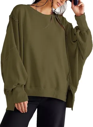 Beaully Women's Oversized Sweatshirts Crew Neck Long Sleeve Side Slit Pullovers Sweatshirt Casual Fall Clothes Sweater