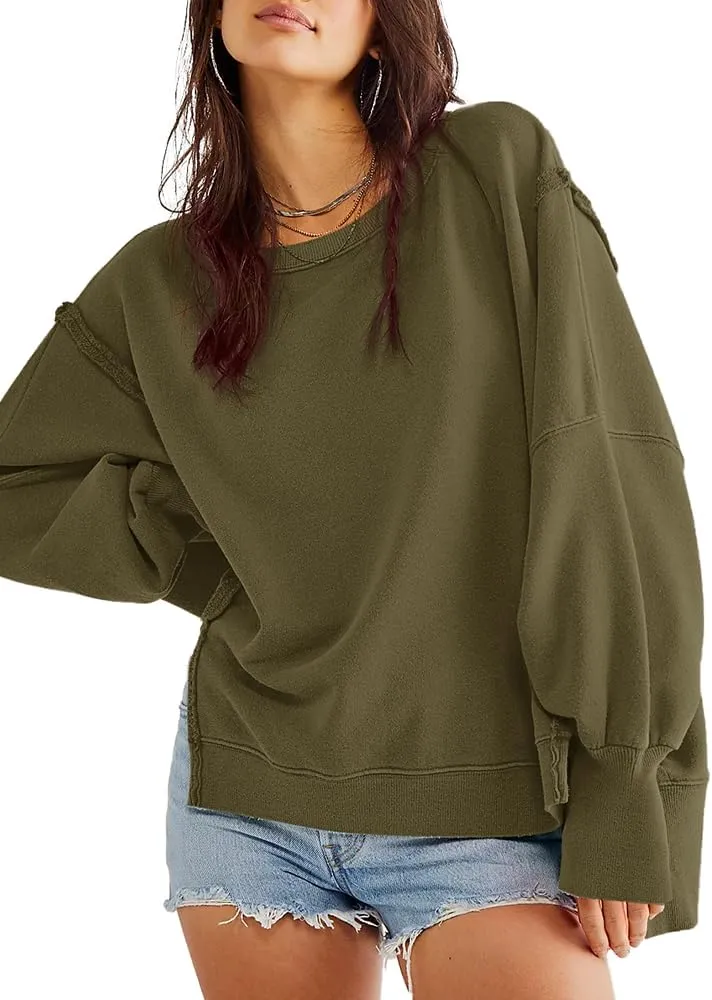 Beaully Women's Oversized Sweatshirts Crew Neck Long Sleeve Side Slit Pullovers Sweatshirt Casual Fall Clothes Sweater