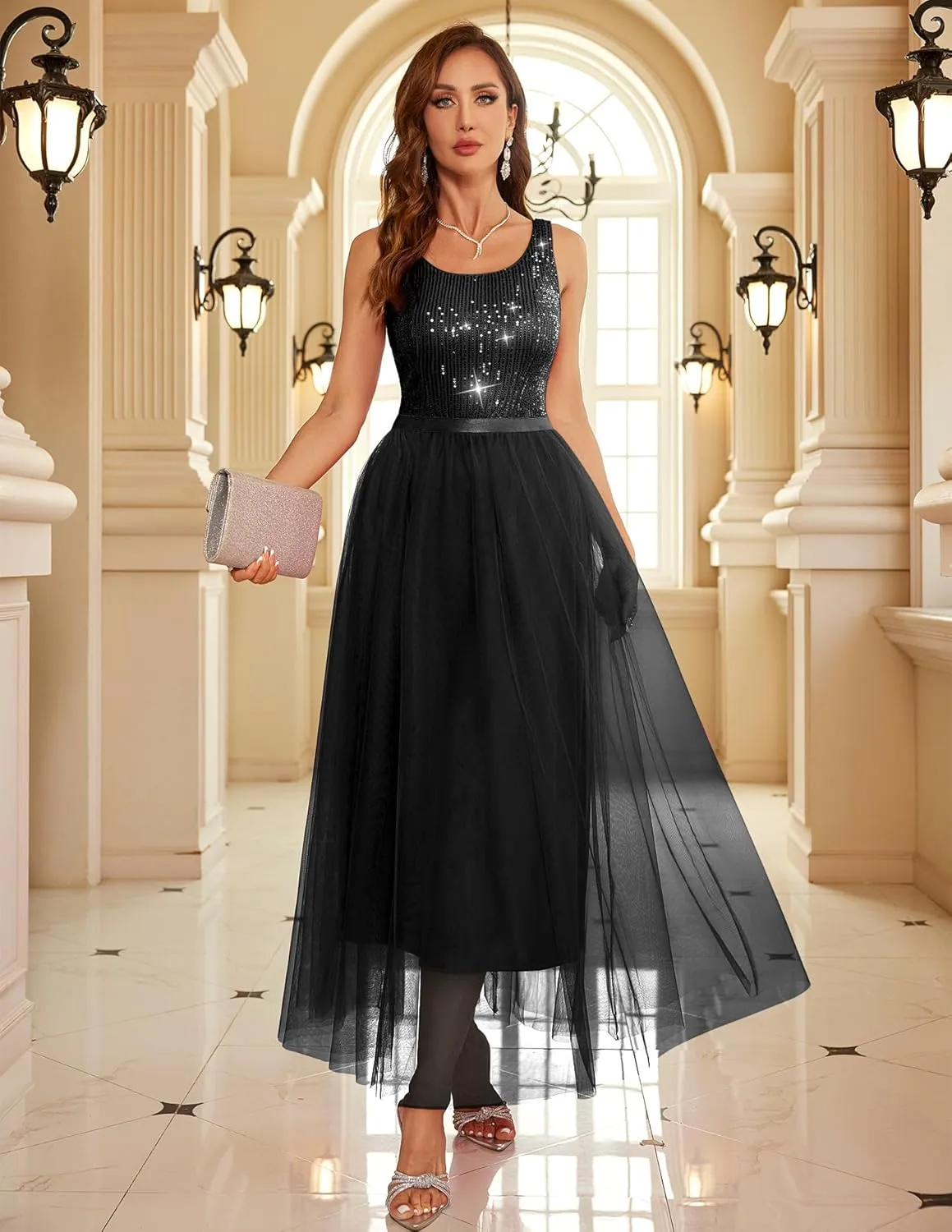 BeryLove Sequin Dress for Woman Vintage A Line Wedding Formal Swing Mesh Dress Sleeveless Cocktail Maxi Gowns