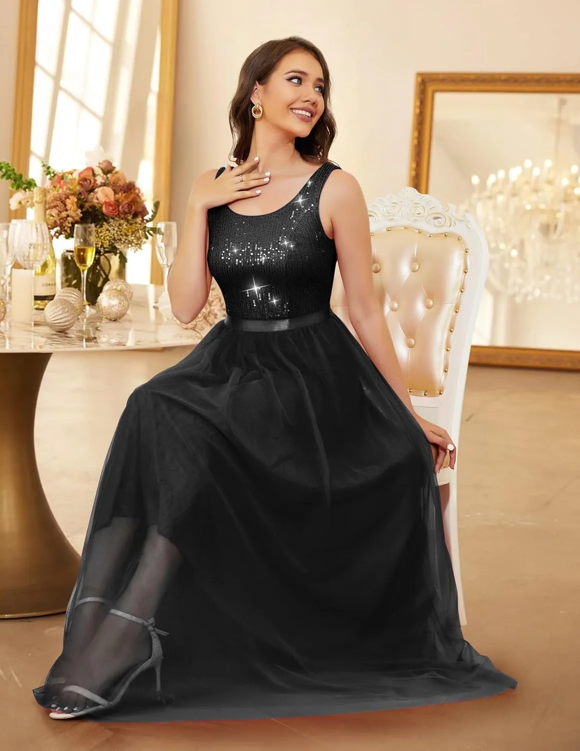 BeryLove Sequin Dress for Woman Vintage A Line Wedding Formal Swing Mesh Dress Sleeveless Cocktail Maxi Gowns