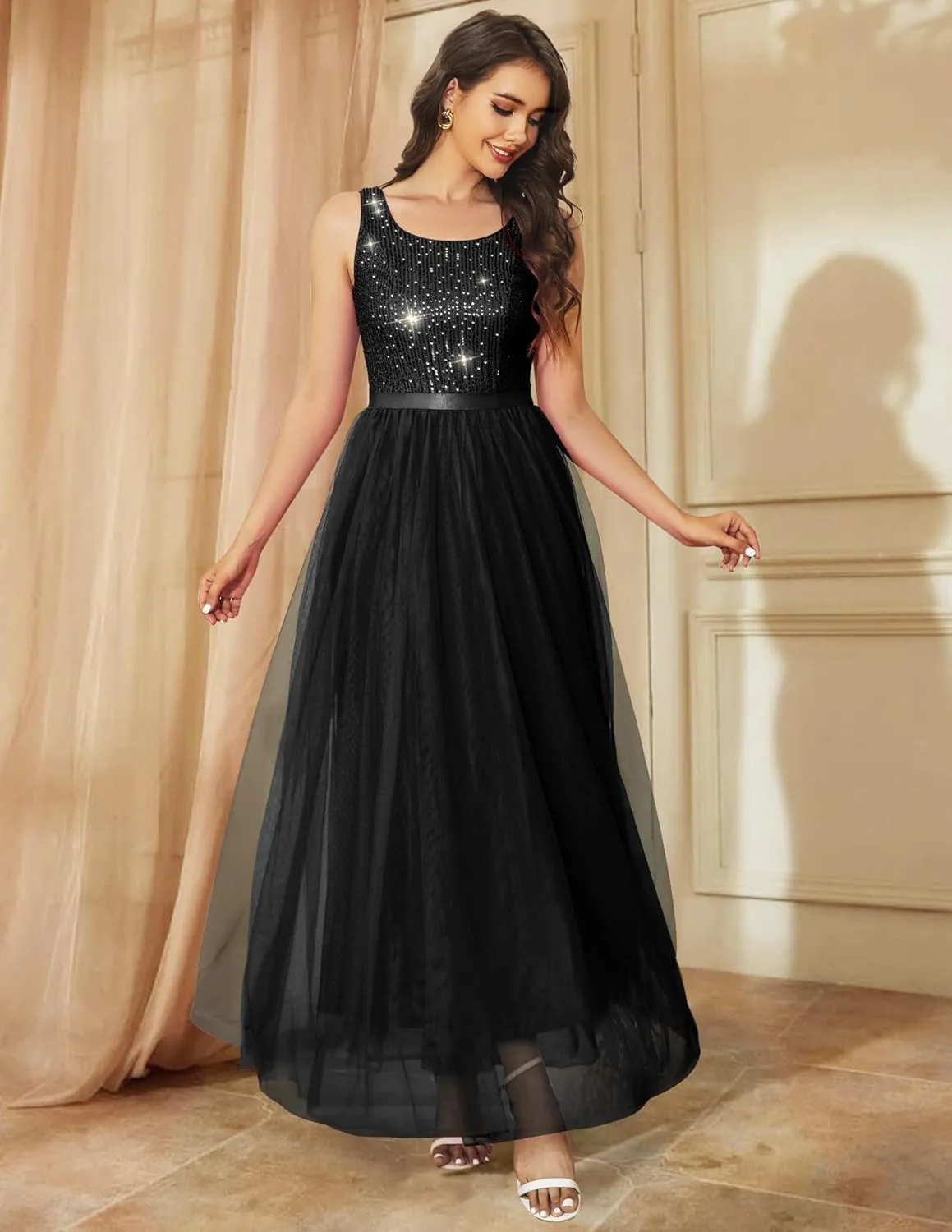 BeryLove Sequin Dress for Woman Vintage A Line Wedding Formal Swing Mesh Dress Sleeveless Cocktail Maxi Gowns