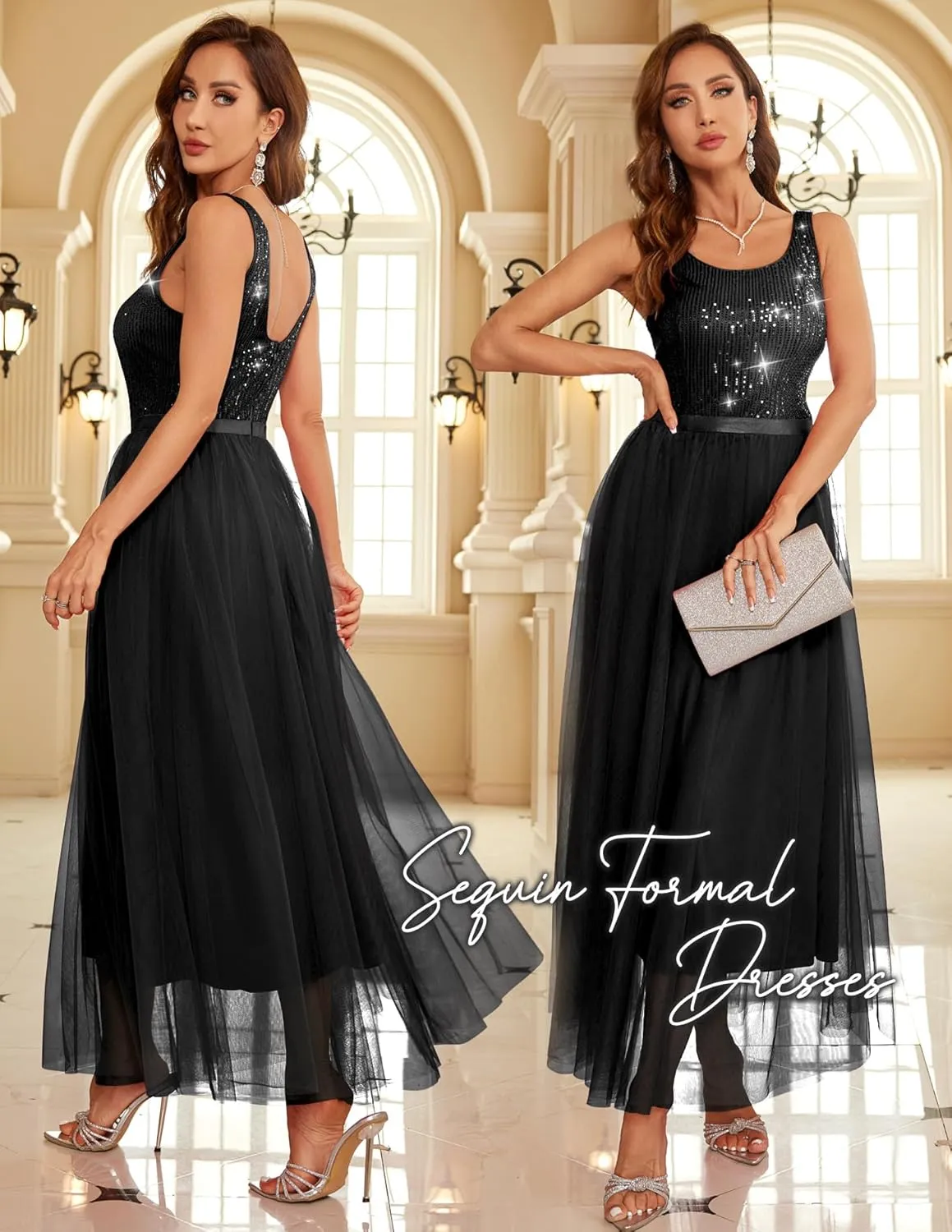 BeryLove Sequin Dress for Woman Vintage A Line Wedding Formal Swing Mesh Dress Sleeveless Cocktail Maxi Gowns
