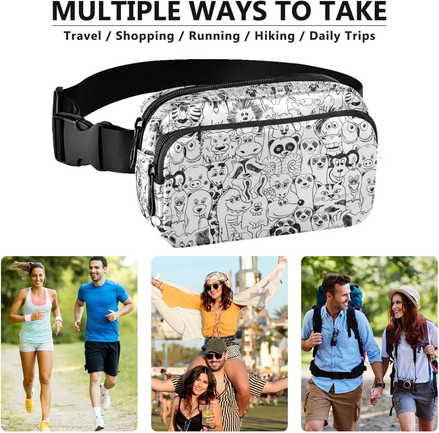 Black White Animals Waterproof Fanny Packs Women Everywhere Belt Bag Fashion Crossbody Waist Pack