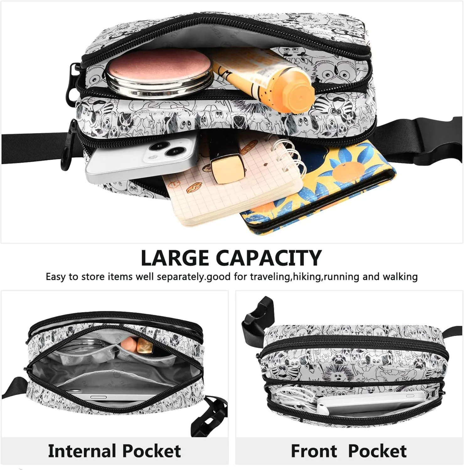 Black White Animals Waterproof Fanny Packs Women Everywhere Belt Bag Fashion Crossbody Waist Pack