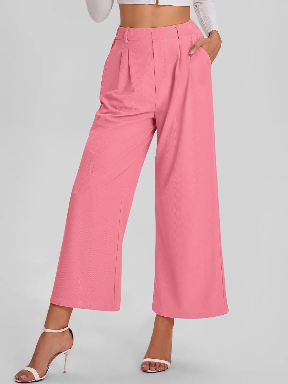 Bloggerlove Womens Casual Business Work Pants Fall Waffle High Waist Dress Pant Wide Leg Straight Trousers with Pockets 2024