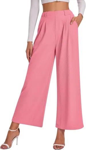Bloggerlove Womens Casual Business Work Pants Fall Waffle High Waist Dress Pant Wide Leg Straight Trousers with Pockets 2024