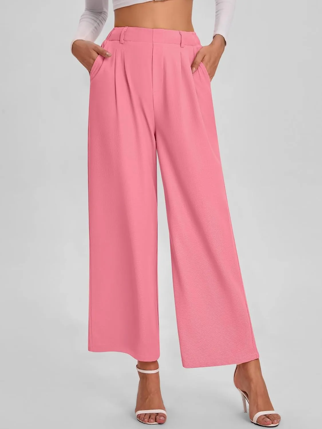 Bloggerlove Womens Casual Business Work Pants Fall Waffle High Waist Dress Pant Wide Leg Straight Trousers with Pockets 2024