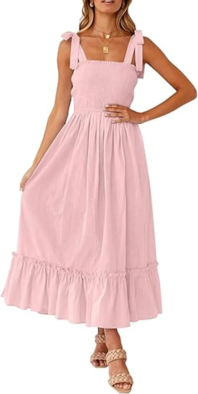 Boho Dresses for Women 2025 Summer Casual Flowy Boho Spaghetti Strap Smocked Empire Waist Tie Up Beach Maxi Dresses