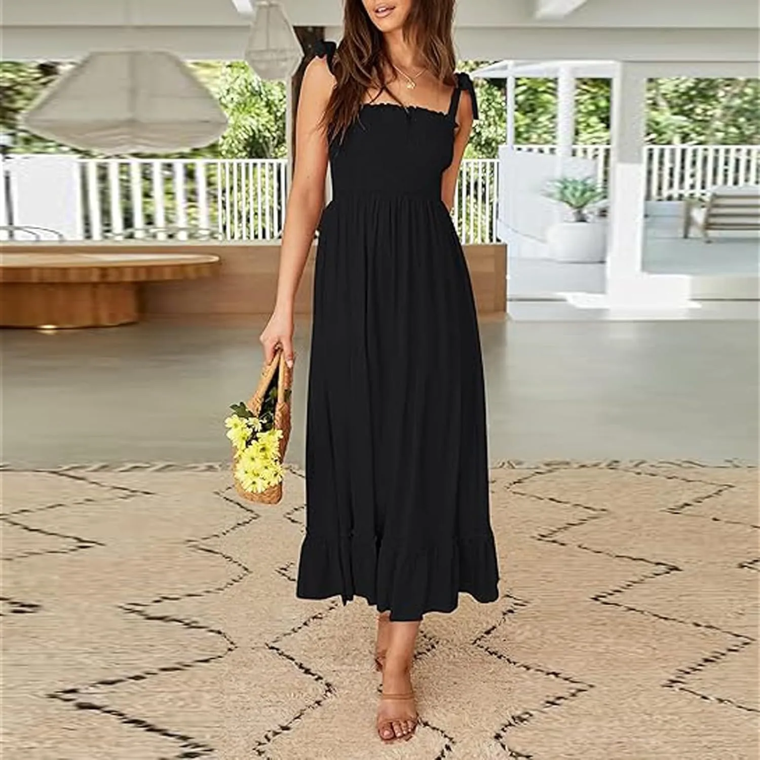 Boho Dresses for Women 2025 Summer Casual Flowy Boho Spaghetti Strap Smocked Empire Waist Tie Up Beach Maxi Dresses