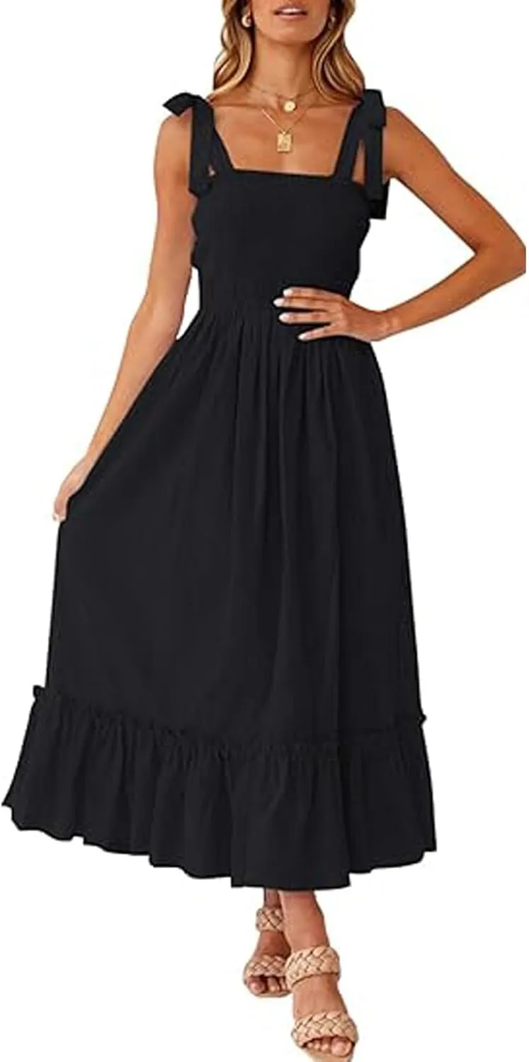 Boho Dresses for Women 2025 Summer Casual Flowy Boho Spaghetti Strap Smocked Empire Waist Tie Up Beach Maxi Dresses