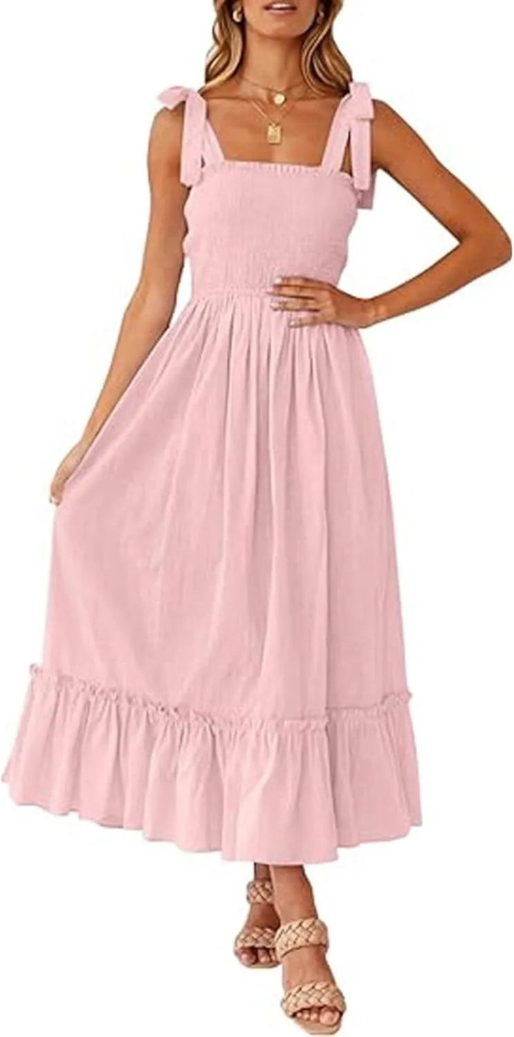 Boho Dresses for Women 2025 Summer Casual Flowy Boho Spaghetti Strap Smocked Empire Waist Tie Up Beach Maxi Dresses