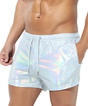 Casey Kevin Men's Holographic Metallic Short Sparkly Shiny Short Pants Rave Outfit Hot Shorts with Pockets and Drawstrings