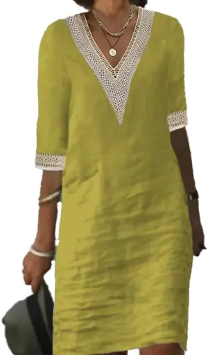 Casual Cotton Linen Dress for Women Summer V Neck Lace Trim Half Sleeve Solid Loose Midi Dress
