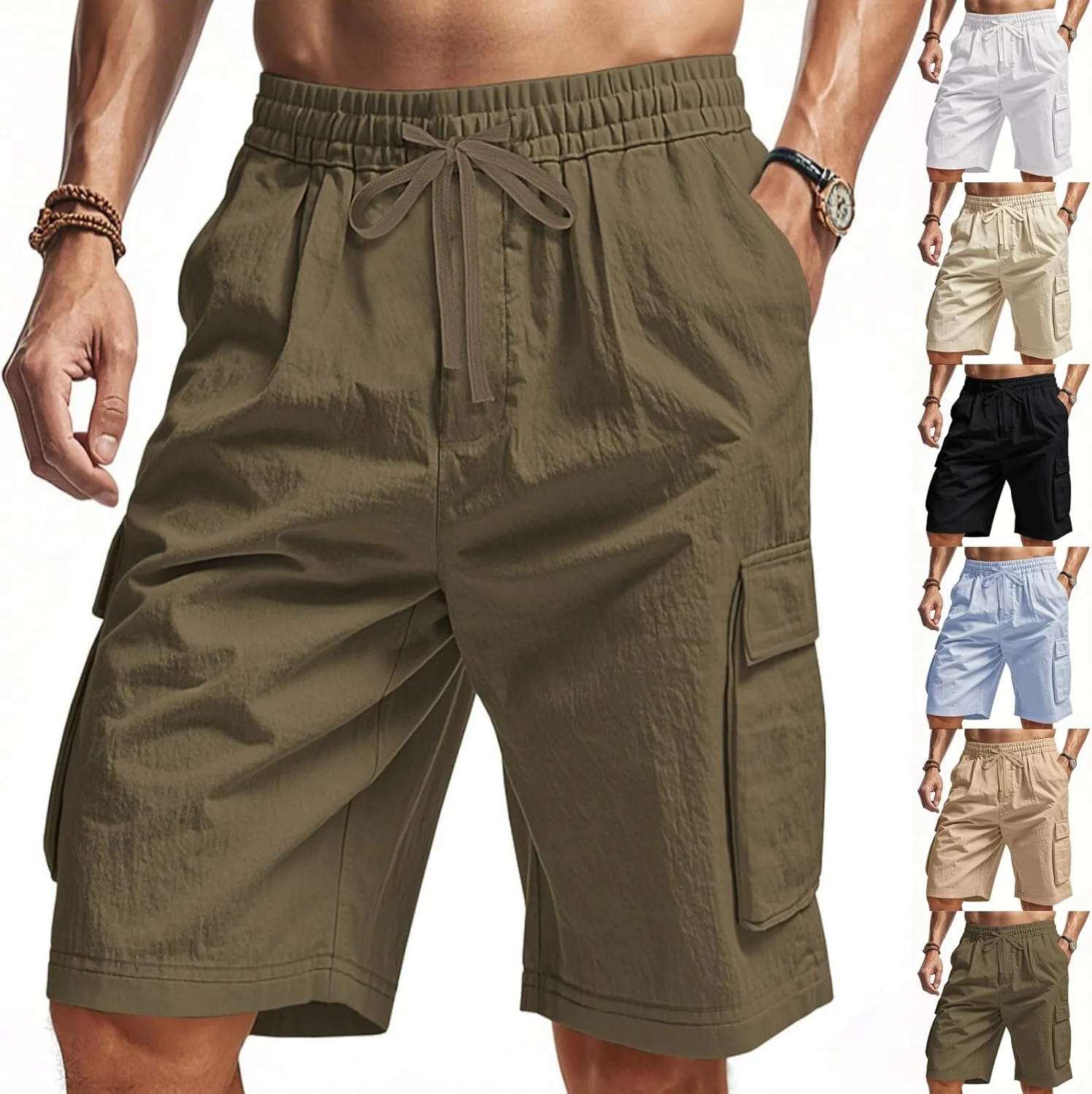 Chino Cargo Shorts for Men Elastic Waist Drawstring Loose Fishing Hiking Long Shorts Work Lounge Pants with Pockets