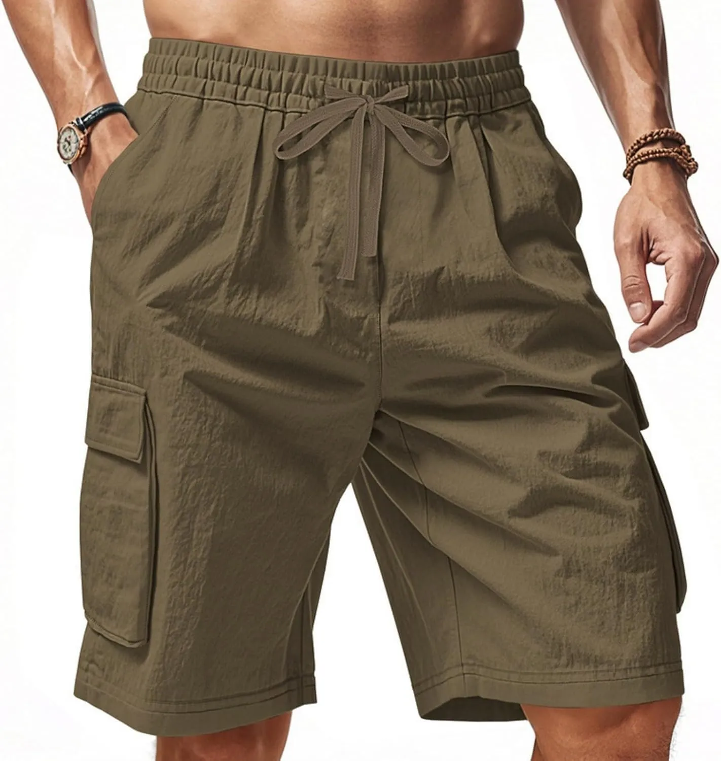 Chino Cargo Shorts for Men Elastic Waist Drawstring Loose Fishing Hiking Long Shorts Work Lounge Pants with Pockets