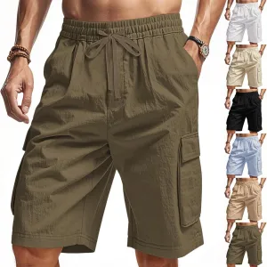 Chino Cargo Shorts for Men Elastic Waist Drawstring Loose Fishing Hiking Long Shorts Work Lounge Pants with Pockets