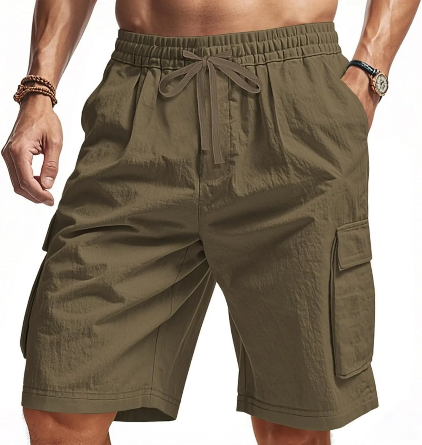 Chino Cargo Shorts for Men Elastic Waist Drawstring Loose Fishing Hiking Long Shorts Work Lounge Pants with Pockets