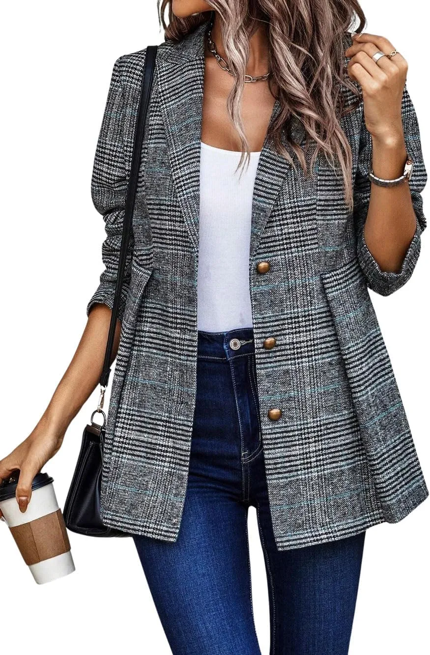 chouyatou Women Business Casual Work Plaid Blazer Jacket Single Breasted Office Dressy Peplum Blazer Suit