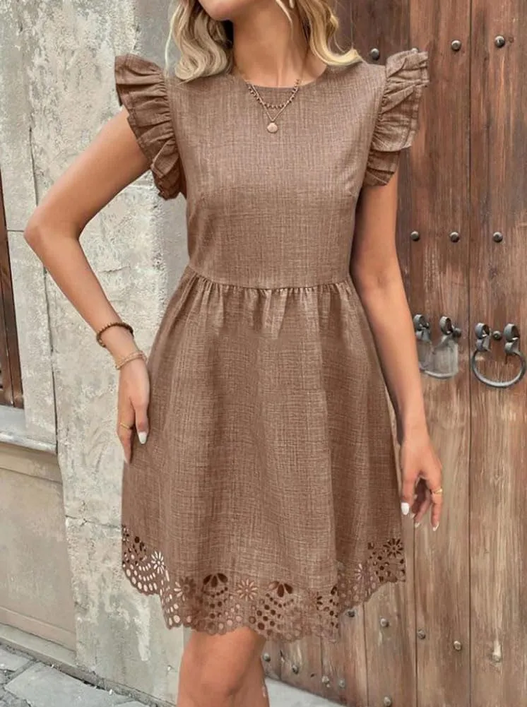 chouyatou Women's Ruffle Flutter Sleeve Hollow Out Eyelet Dress Cotton Linen Babydoll Tunic Mini Dress