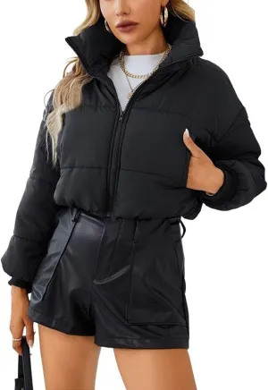 chouyatou Women's Winter Cropped Puffer Jacket Zip Stand Collar Quilted Down Jacket