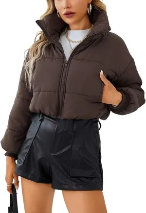 chouyatou Women's Winter Cropped Puffer Jacket Zip Stand Collar Quilted Down Jacket