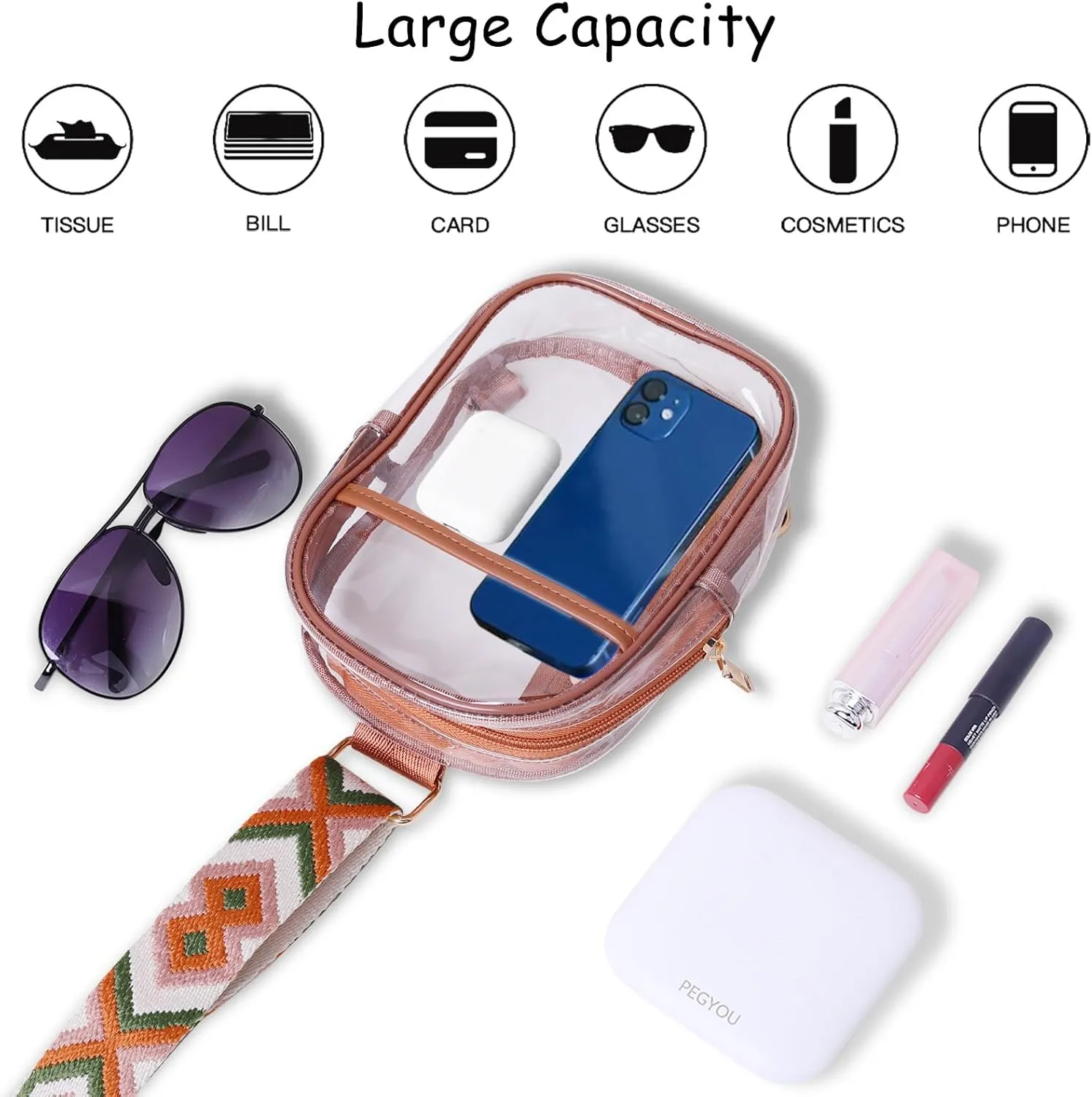 Clear Crossbody Bag for Stadium Events, Stadium Approved Clear Sling Bags for Game Day, Concerts
