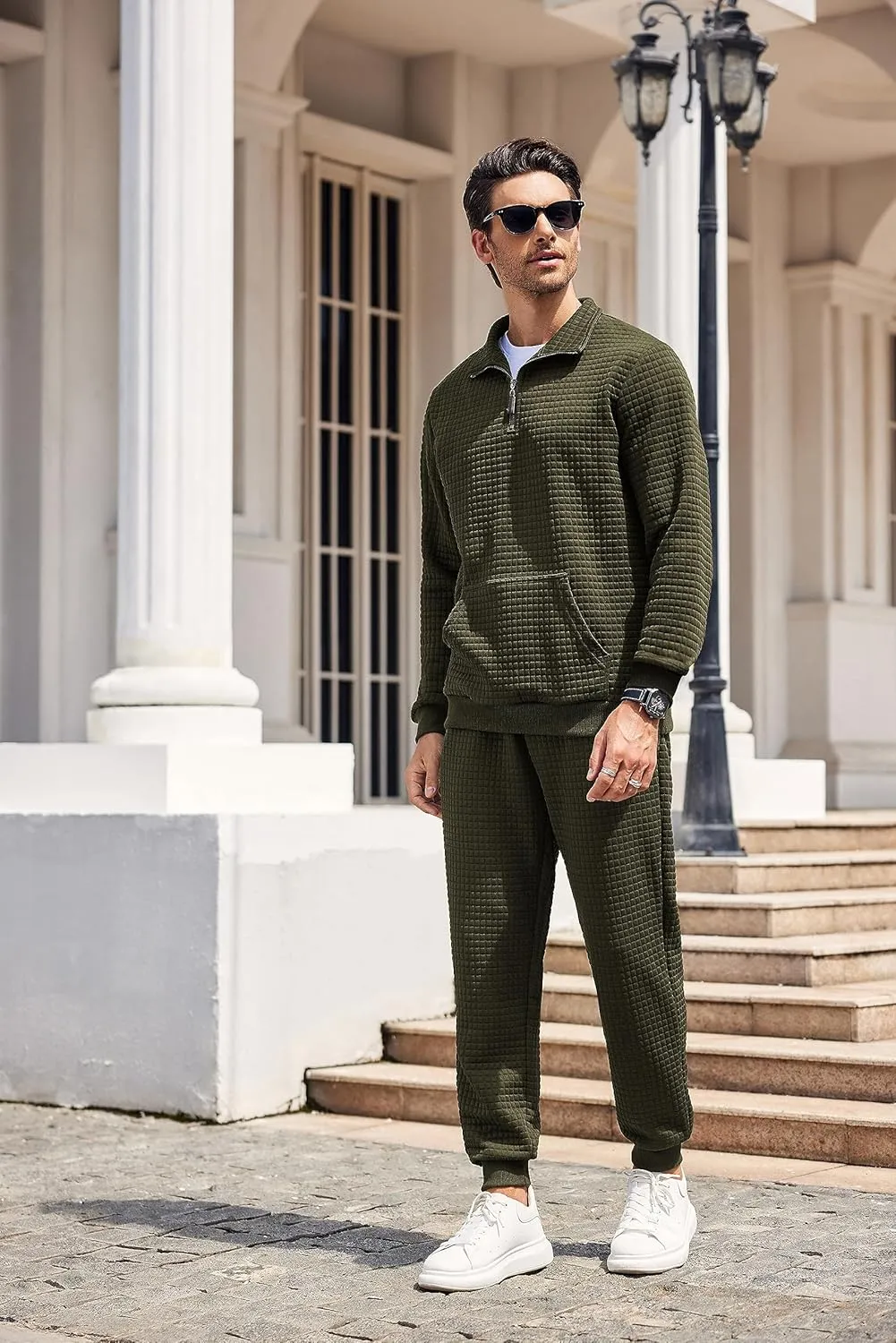 COOFANDY Men's Tracksuit 2 Piece Quarter Zip Sweatsuit Workout Plaid Jacquard Jogging Suit Set