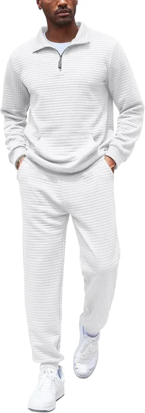 COOFANDY Men's Tracksuit 2 Piece Quarter Zip Sweatsuit Workout Plaid Jacquard Jogging Suit Set
